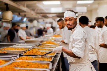 Professional chef serving food in a busy commercial kitchen with team of cooks working in the...