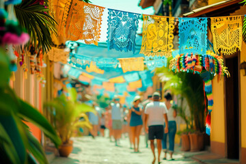 Obraz na płótnie Canvas Colorful papel picado hanging above a street bustling with tourists in a traditional Mexican town on a sunny day.