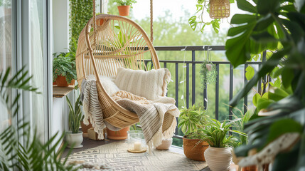 Cozy bohemian indoor garden. Tranquil urban jungle café interior. Relax lifestyle image.