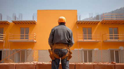 A middle-aged construction foreman supervising a construction site painted in orange outdoors. - obrazy, fototapety, plakaty