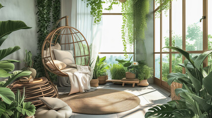 Fototapeta premium Cozy bohemian indoor garden. Tranquil urban jungle café interior. Relax lifestyle image.