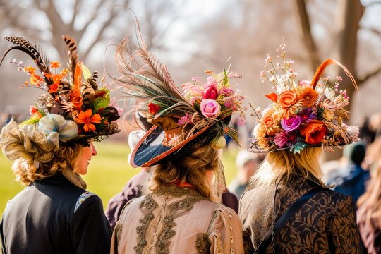Three women in ornate floral bonnets partake in the Easter parade, showcasing tradition and festive spring fashion.