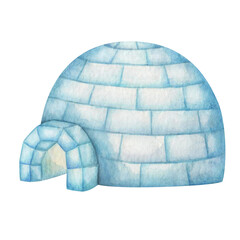 Watercolor illustration. Hand painted blue and white igloo house. Snow house in the North Pole. Icehouse in Arctic. Snow hut built from snow and ice. Traditional Inuit house. Isolated clip art