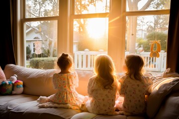 Three children sit by a window at home, watching the sunrise in their pajamas, enjoying a quiet, cozy morning together.