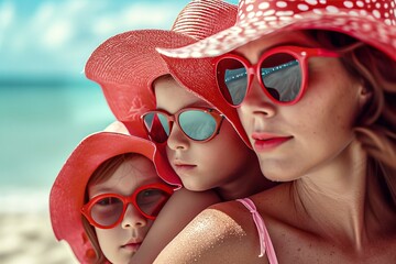 A stylish woman and two young girls enjoy a sunny day at the beach, donning matching red hats and sunglasses for a fun and fashionable look