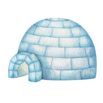 Watercolor illustration. Hand painted blue and white igloo house. Snow house in the North Pole. Icehouse in Arctic. Snow hut built from snow and ice. Traditional Inuit house. Isolated clip art