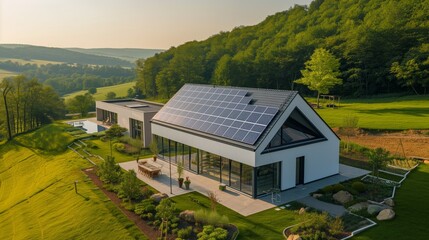 Modern farmhouse with solar panels on the roof