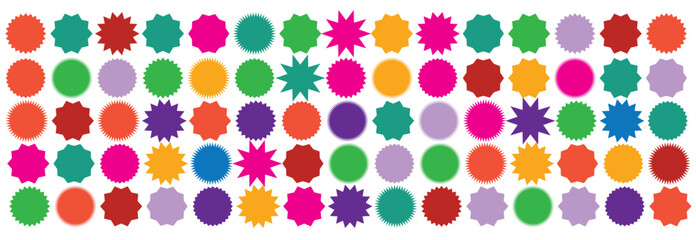 Set of vector starburst, sunburst badges. Nine different color. Simple flat style Vintage labels. Design elements. Colored stickers. A collection of different types and colors icon. eps 10