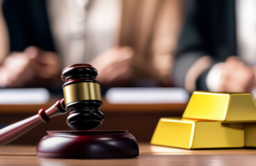 Mallet of judge with Golden bars. Judge hammer and Golden bar in courtroom. Justice in courthouse. Judges and punishment. Gold Sale, Sold on auction. Violation of law, Trial Process in courtroom. - obrazy, fototapety, plakaty