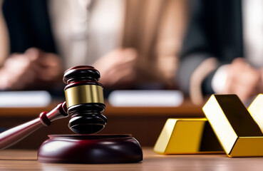 Mallet of judge with Golden bars. Judge hammer and Golden bar in courtroom. Justice in courthouse. Judges and punishment. Gold Sale, Sold on auction. Violation of law, Trial Process in courtroom. - obrazy, fototapety, plakaty