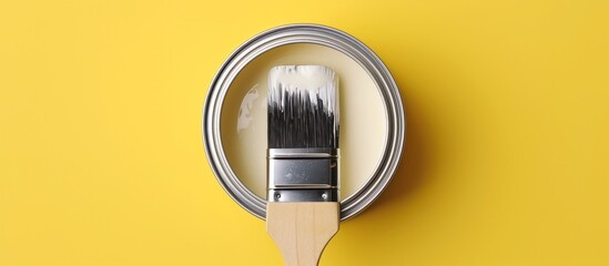 A yellow can of paint with brush on wood.