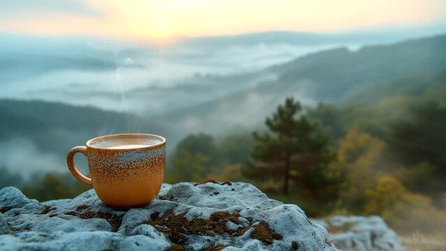 A cup of coffee on the rocks in the wild at morning, camping concept. seamless looping 4k time-lapse animation video background
