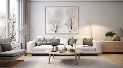 Scandinavian interior design with a white sofa in a stylish room.