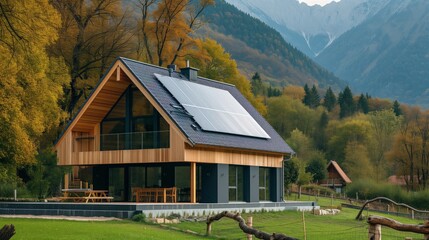Fototapeta na wymiar Modern farmhouse with solar panels on the roof