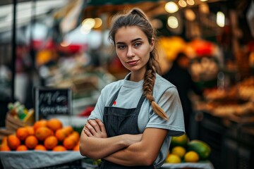 A confident woman stands with crossed arms in a vibrant market, surrounded by colorful fruits and vegetables, representing the intersection of local trade and healthy, whole foods in a bustling outdo