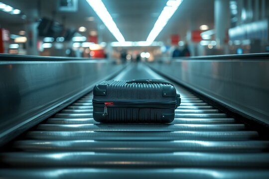 A lone suitcase glides along the luggage conveyor