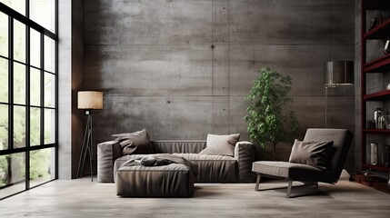 a loft style living room with armchair against a concrete wall.