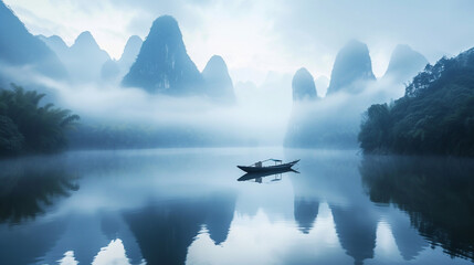 Asian background with mountains, lake and boat.  - obrazy, fototapety, plakaty