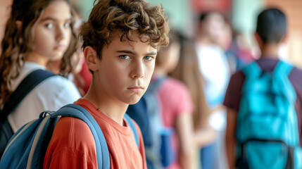 Fototapeta premium Bullying concept. Student sad isolated at school