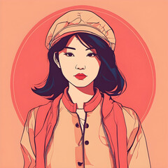 illustration of a young Japanese woman girl wearing a jacket and an orange beret cap