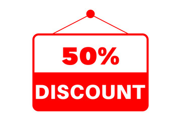 50% Discount red sign design using bold text. Used  as a label or a sticker for concepts like promotions, products on sale, special offers, bargain and lower prices events. 