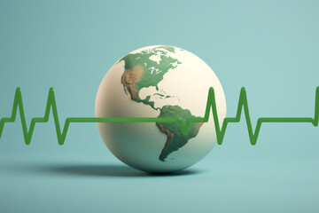 Earth day concept - The silhouette of the Earth with a green heartbeat line running across it