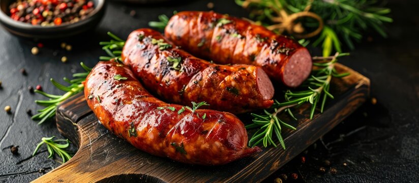 Flavorful smoked meat sausages with herbs on a dark concrete backdrop.