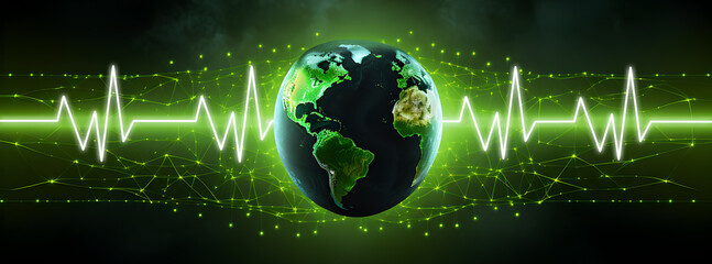Earth day concept - The silhouette of the Earth with a green heartbeat line running across it