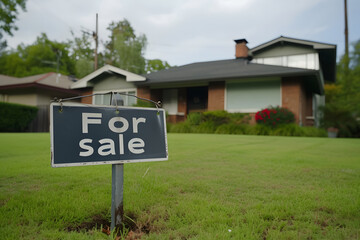 Obraz premium For sale sign in front of modern house.