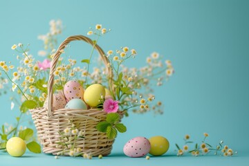 Colorful painted Easter eggs in basket with flowers on a pastel blue background