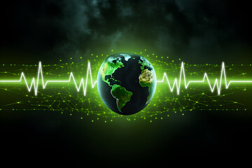Earth day concept - The silhouette of the Earth with a green heartbeat line running across it