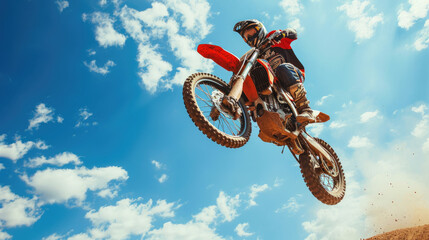 A motorcyclist will perform a stunt while jumping on a motorcycle. Motorcycle in the air. Motocross.