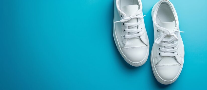 A pair of white sneakers on an azure blue background: perfect walking shoes with a touch of aqua and electric blue for sportswear enthusiasts.