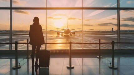 Person holding suitcase at airport waiting with airplane over the window.