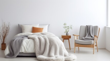 Fototapeta na wymiar Merino wool chunky blanket complements cozy Scandinavian interior with bed, chair, and white wall.