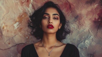 Indian Woman in Creative Dreamlike Nostalgic Pink, Brown, Cream Background - Direct Gaze with Makeup defined Eyebrows and Red Lipstick - Dark Hair and Black Dress created with Generative AI Technology