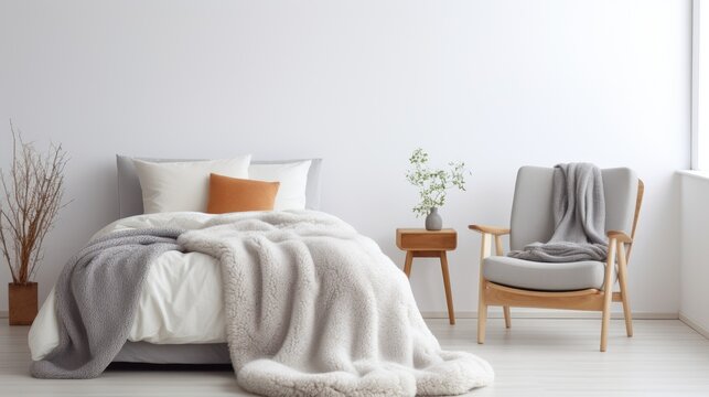 Merino wool chunky blanket complements cozy Scandinavian interior with bed, chair, and white wall. © Vusal