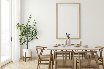 White Dining Room With Wooden Table and Chairs