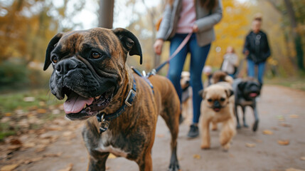 Obraz premium Owners walk their dogs on a leash in the autumn park.