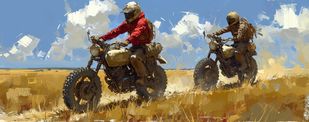 Art illustration of two motorcyclists traveling off-road.