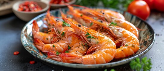 A detailed view of a table showcasing a bowl filled with shrimp, a delicious seafood ingredient commonly used in various recipes and cuisines.