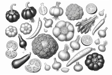 Vegetable black and white illustration in hand drawn engraving style isolated on white background. Generative Ai