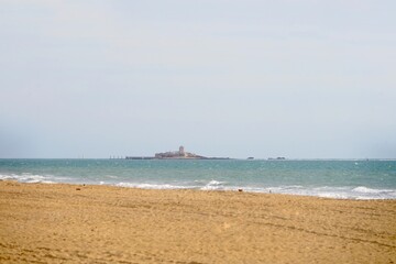 Castillo de Sancti-Petri seen from the beach near Novo Sancti Petri, Castle in historical temple on an island, Cadiz, Costa de la Luz, Andalusia, Spain
