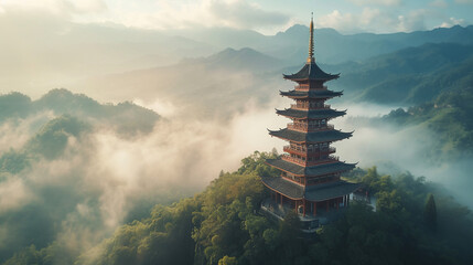 Asian temple on the mountain .  - obrazy, fototapety, plakaty