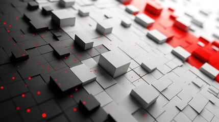 Monochromatic 3D cubes scattered across a grid with strategic red accents create a sense of data analysis visualization.
