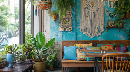 Cozy bohemian indoor garden. Tranquil urban jungle café interior. Relax lifestyle image. - obrazy, fototapety, plakaty