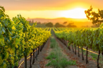 Fototapeta na wymiar Ripened vineyard under golden sunset, rows of grapevines