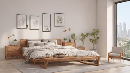 Serene Bedroom Retreat: Minimalistic Wooden Furniture by the Window