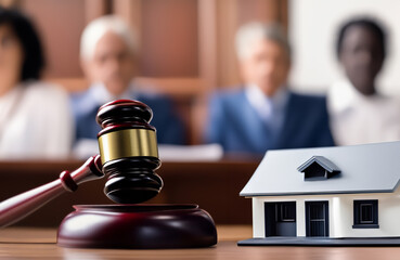 Justice in courthouse. Real Estate Purchase and Sale Transaction Litigation. Sale of Real Property. Lawyer in courtroom. House Sale. Mallet of judge in courtroom. Tax when selling a home and building