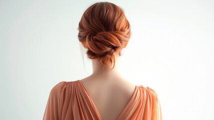 A white woman with red hair up in a peach colored dress on a white background